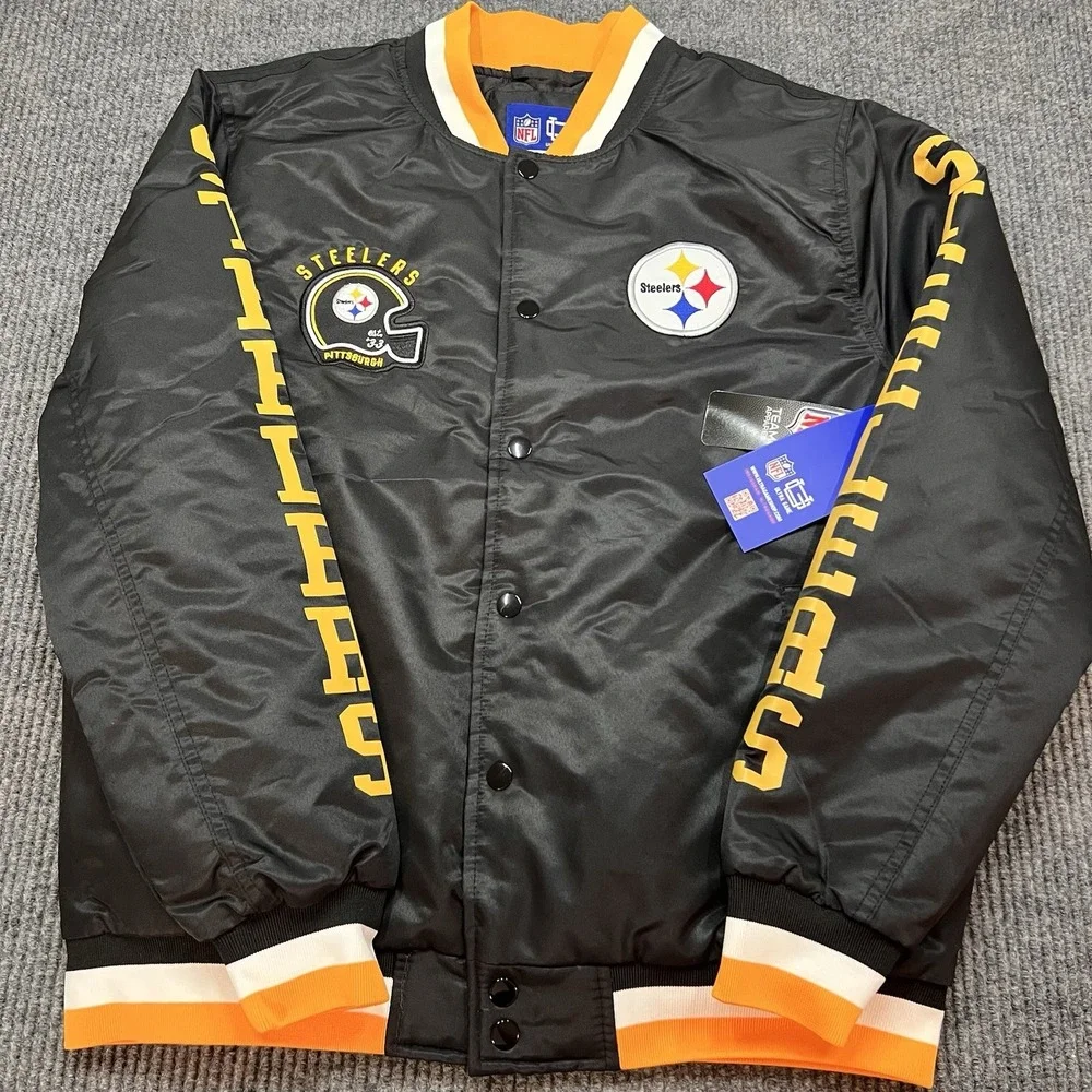 Pittsburgh Steelers Ultra Game NFL Mens Medium Satin Bomber Jacket Snap New